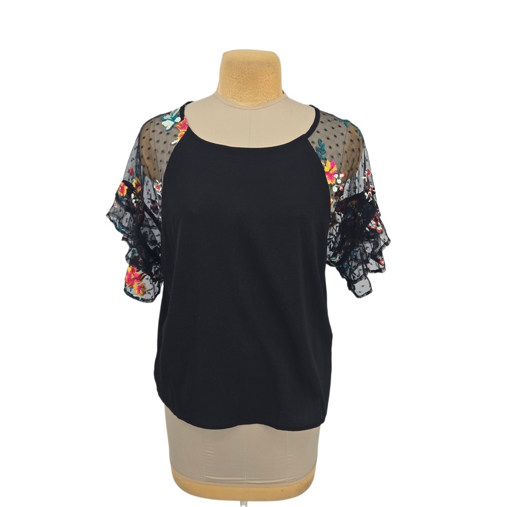 Umgee Blouse Women Large Black Sheer Floral Embroidered Mesh Flutter Sleeve Top